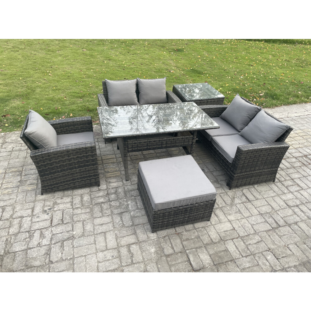 Fimous Dark/Grey 6 Seater Wicker Rattan Garden Dining Set Outdoor Furniture Sofa With Dining Table Double Seat Sofa Big Footstool Side Table Mixed - Image 2