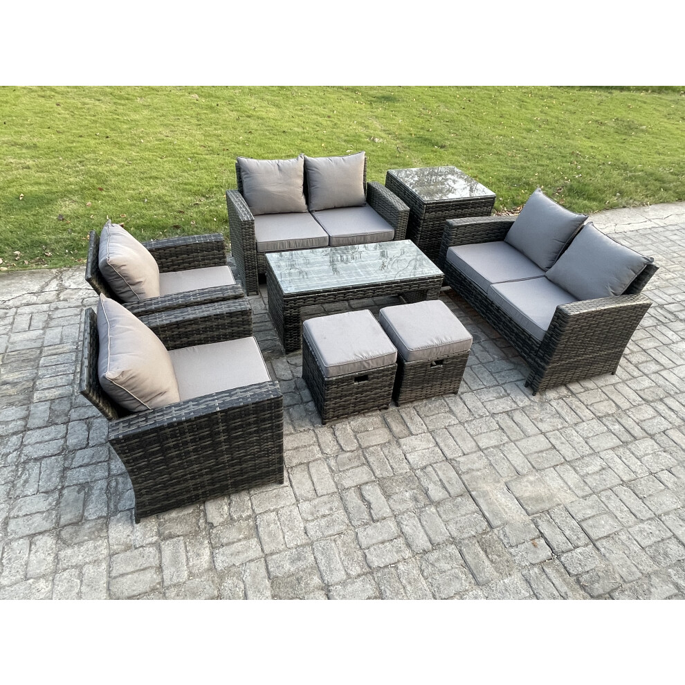 Rackhams Dark/Grey 8 Seater Mixed High Back Rattan Outdoor Sofa Set - Coffee Table, Loveseat, Armchairs & 2 Footstools - Image 2