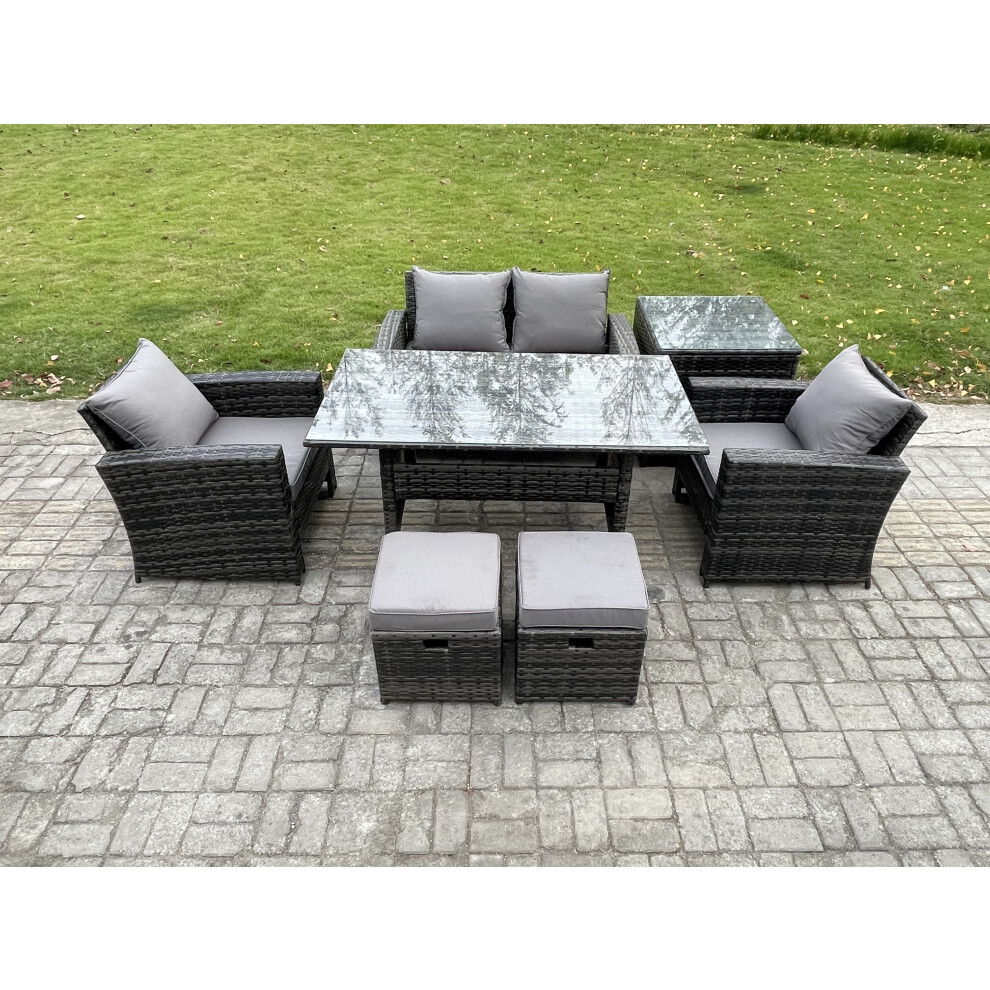 Fimous Pe Wicker Outdoor Garden Furniture Set Patio Furniture Rattan Rectangular Dining Table Lounge Sofa With Side Table 2 Small Footstool