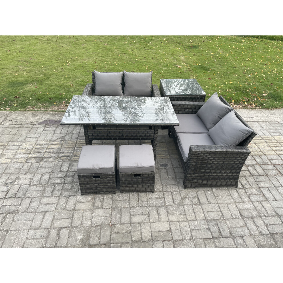 Rackhams Dark/Grey Pe Wicker Rattan Garden Furniture Set Love Sofa Outdoor Rectangular Dining Table 2 Small Footstool Side Table Mixed - Image 2
