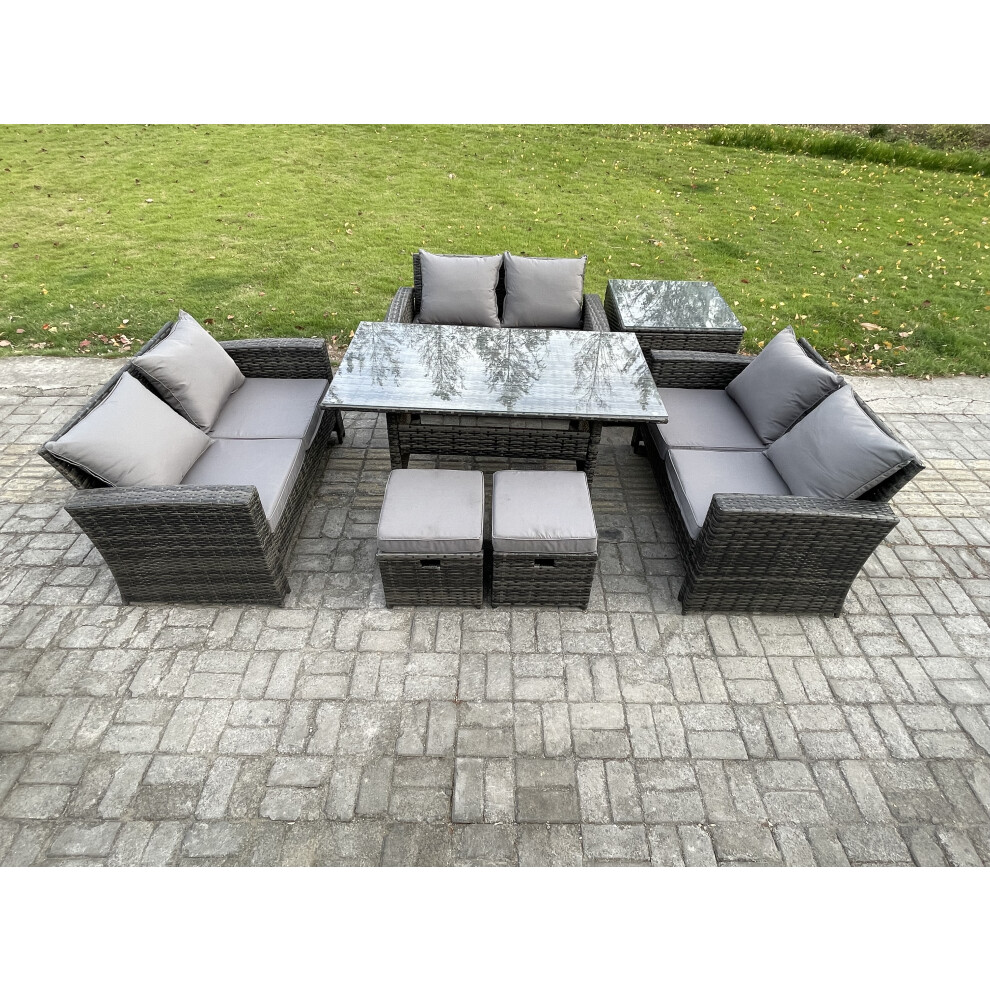 Rackhams Dark/Grey Outdoor Lounge Sofa Set - Mixed Pe Wicker Rattan Garden Furniture With Oblong Dining Table & 2 Small Footstools - Image 2