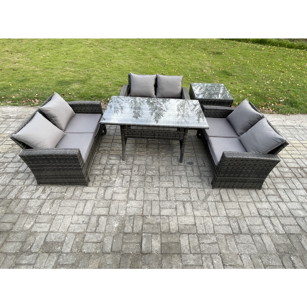 Rackhams Dark/Grey 6 Seater Rattan Wicker Garden Furniture Patio Conservatory Sofa Set Indoor Outdoor With Dining Table Double Seat Sofa Side Table - Image 2