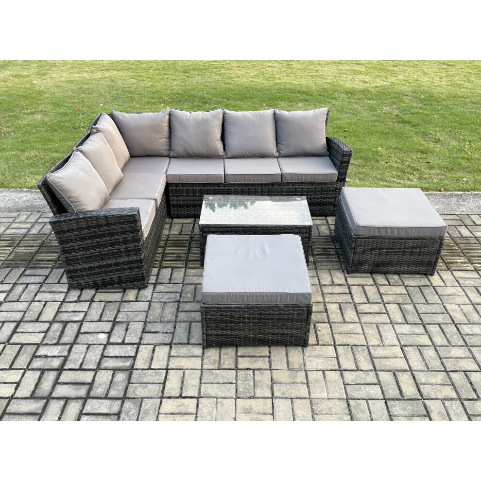 8 Seater High Back Outdoor Garden Furniture Set Rattan Corner Sofa Set With Big Footstool Dark Grey Mixed