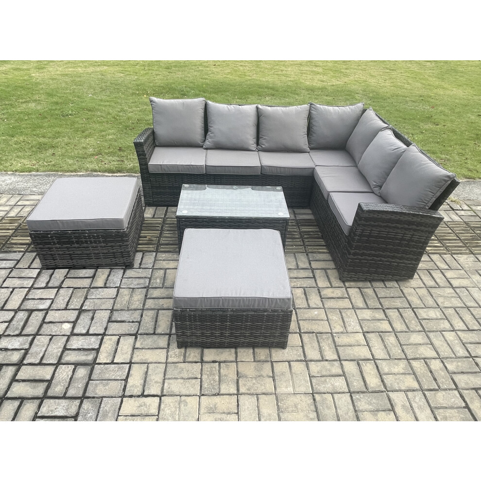 Fimous Dark/Grey Wicker Pe Outdoor Garden Furniture Set High Back Rattan Corner Sofa Set With Rectangular Coffee Table 2 Big Footstool - Image 2