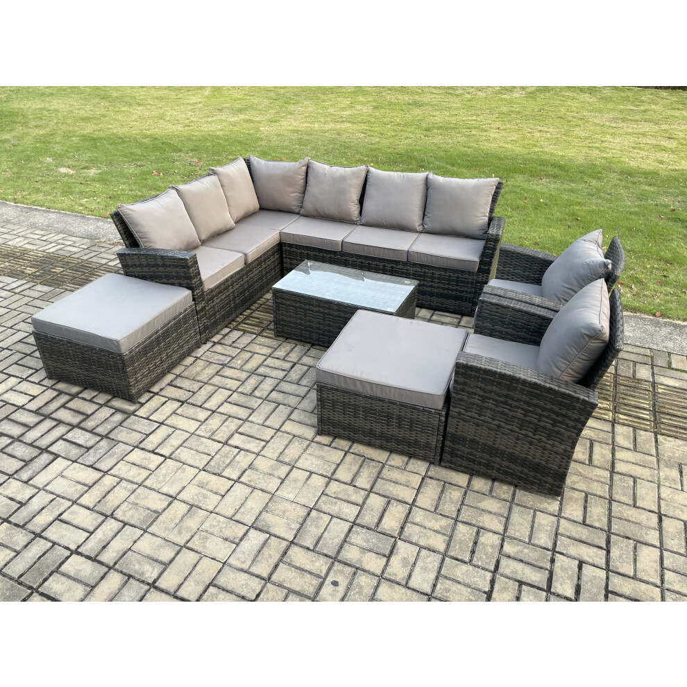 Rackhams Dark/Grey 10 Seater Rattan High Back Outdoor Garden Furniture Set With Corner Sofa, Coffee Table, 2 Footstools, 2 Chairs - Image 2
