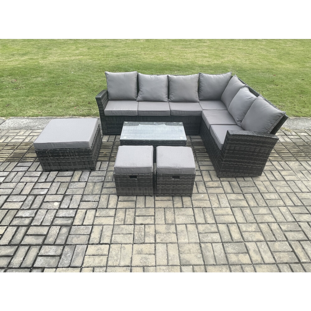 Fimous Wicker Pe Outdoor Garden Furniture Set High Back Rattan Corner Sofa Set With Rectangular Coffee Table 3 Footstools