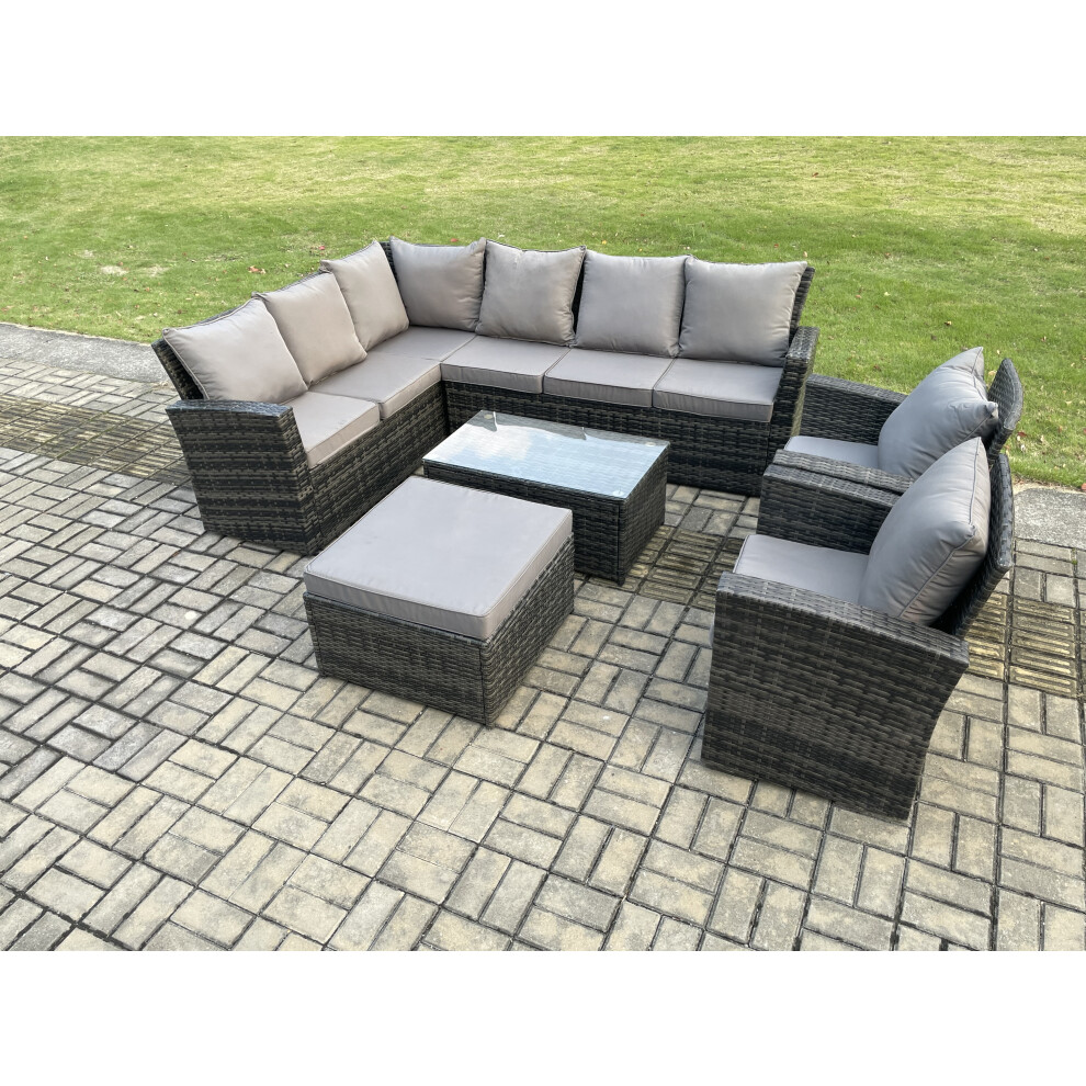 Fimous 9 Seater High Back Outdoor Garden Furniture Set Rattan Corner Sofa Set With Rectangular Coffee Table Big Footstool Dark Grey Mixed-image-OPC-PDPF2FC-NEW