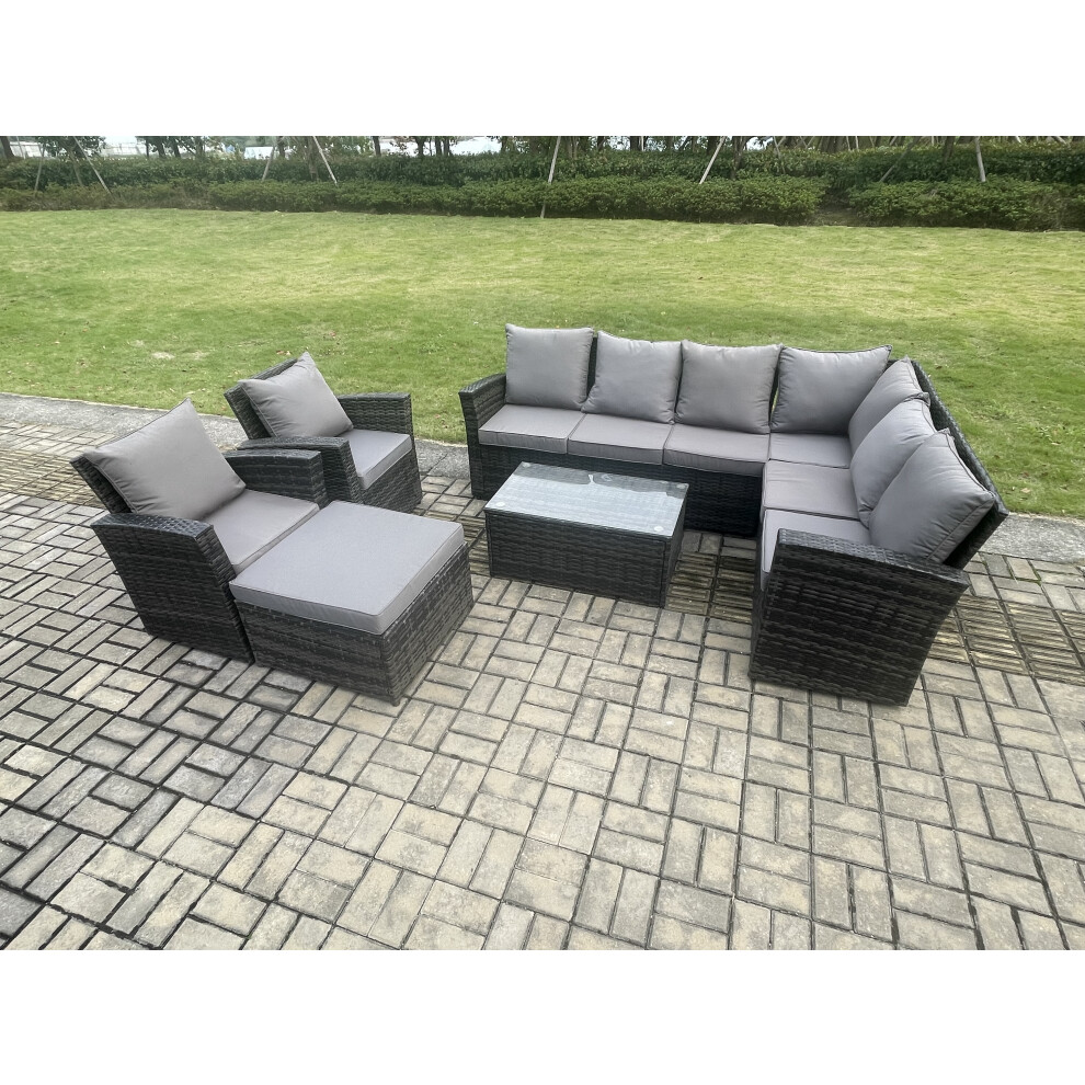 Fimous 9 Seater High Back Outdoor Garden Furniture Set Rattan Corner Sofa Set With Rectangular Coffee Table Big Footstool Dark Grey Mixed