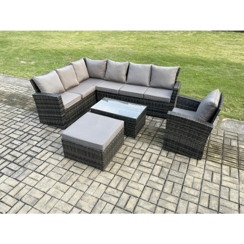 Rackhams Dark/Grey 8 Seater Rattan Garden Furniture Corner Sofa Set Outdoor Patio Sofa Chair Table Set With Rectangular Coffee Table Mixed - Image 2