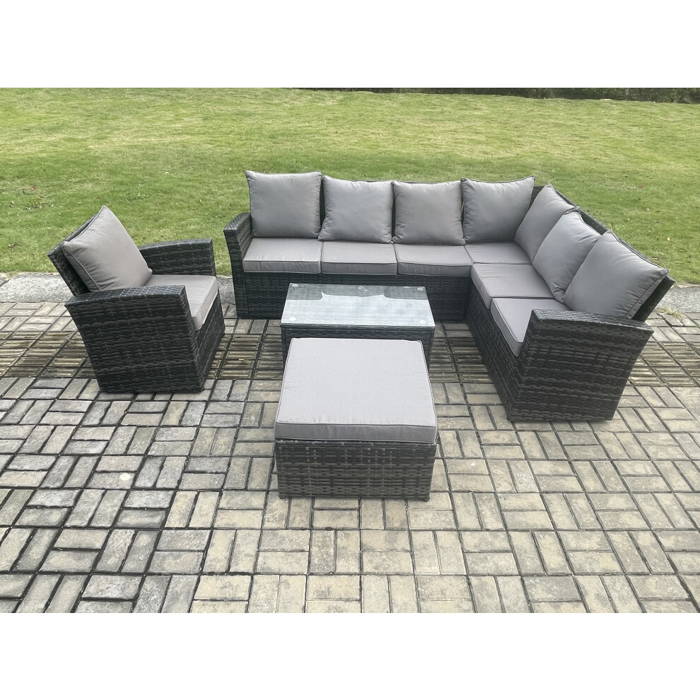 Rackhams Dark/Grey 8 Seater High Back Outdoor Garden Furniture Set Rattan Corner Sofa Set With Rectangular Coffee Table Big Footstool Armchair Mixed - Image 2