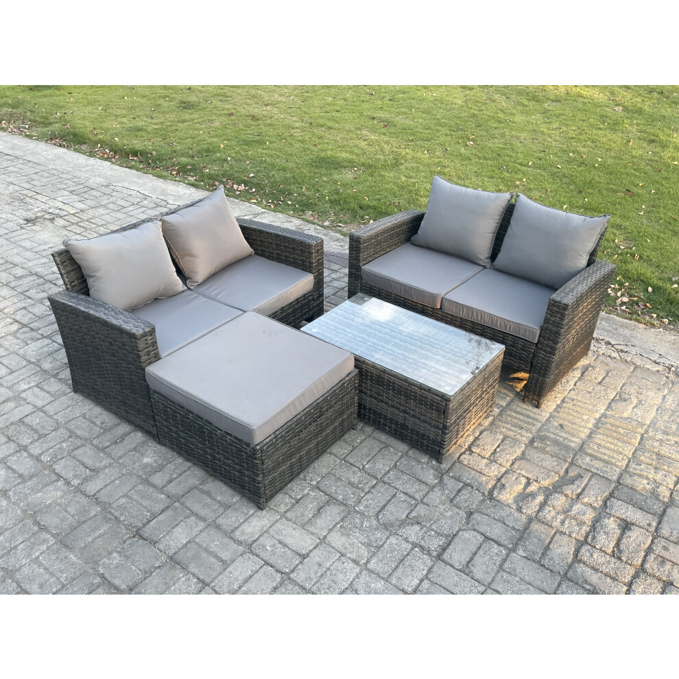 Fimous Dark/Grey 5-Seater Rattan Outdoor Sofa Set | Rectangular Coffee Table, Double Sofa, Large Footstool - Image 2