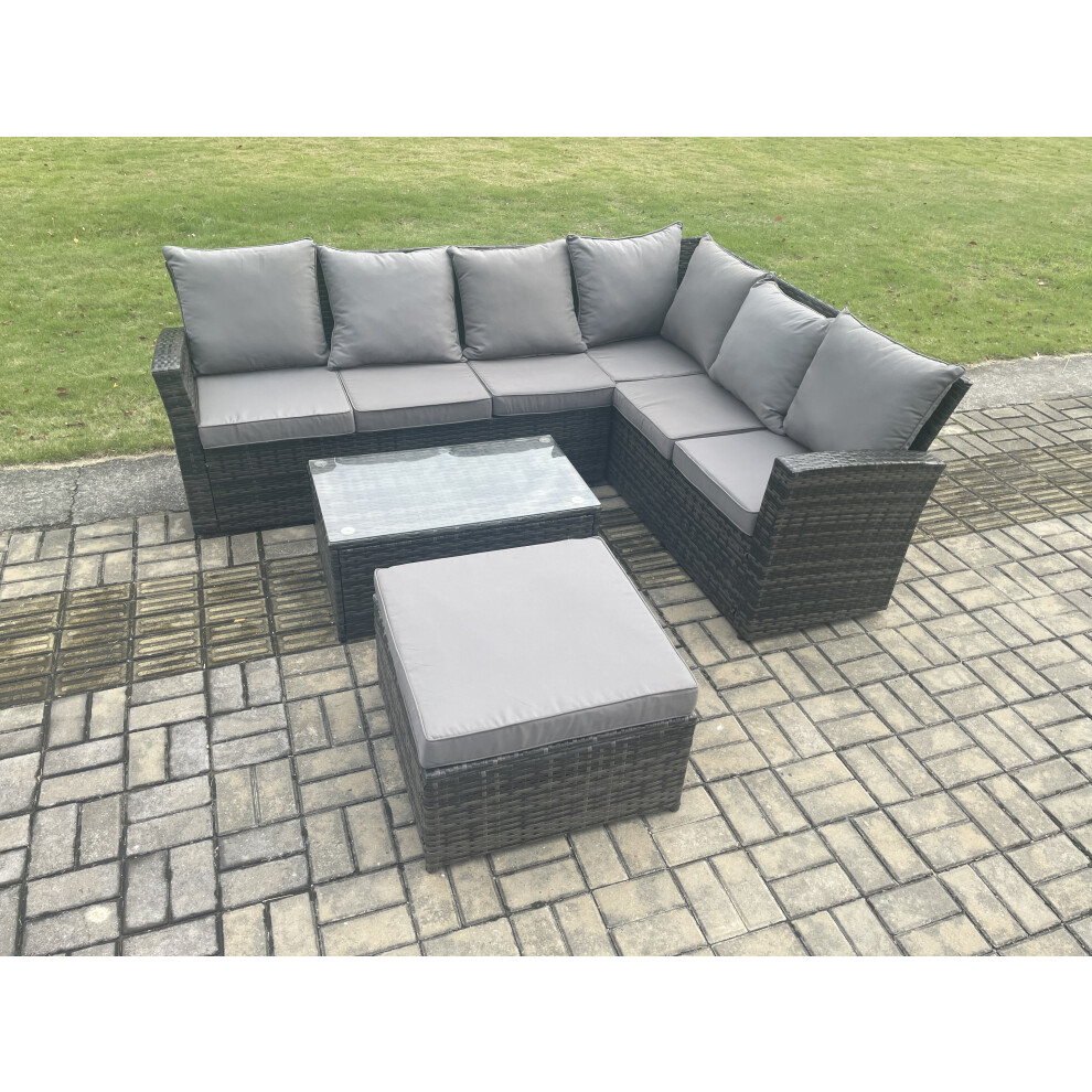 Fimous 7 Seater High Back Outdoor Garden Furniture Set Rattan Corner Sofa Set With Rectangular Coffee Table Big Footstool Dark Grey Mixed