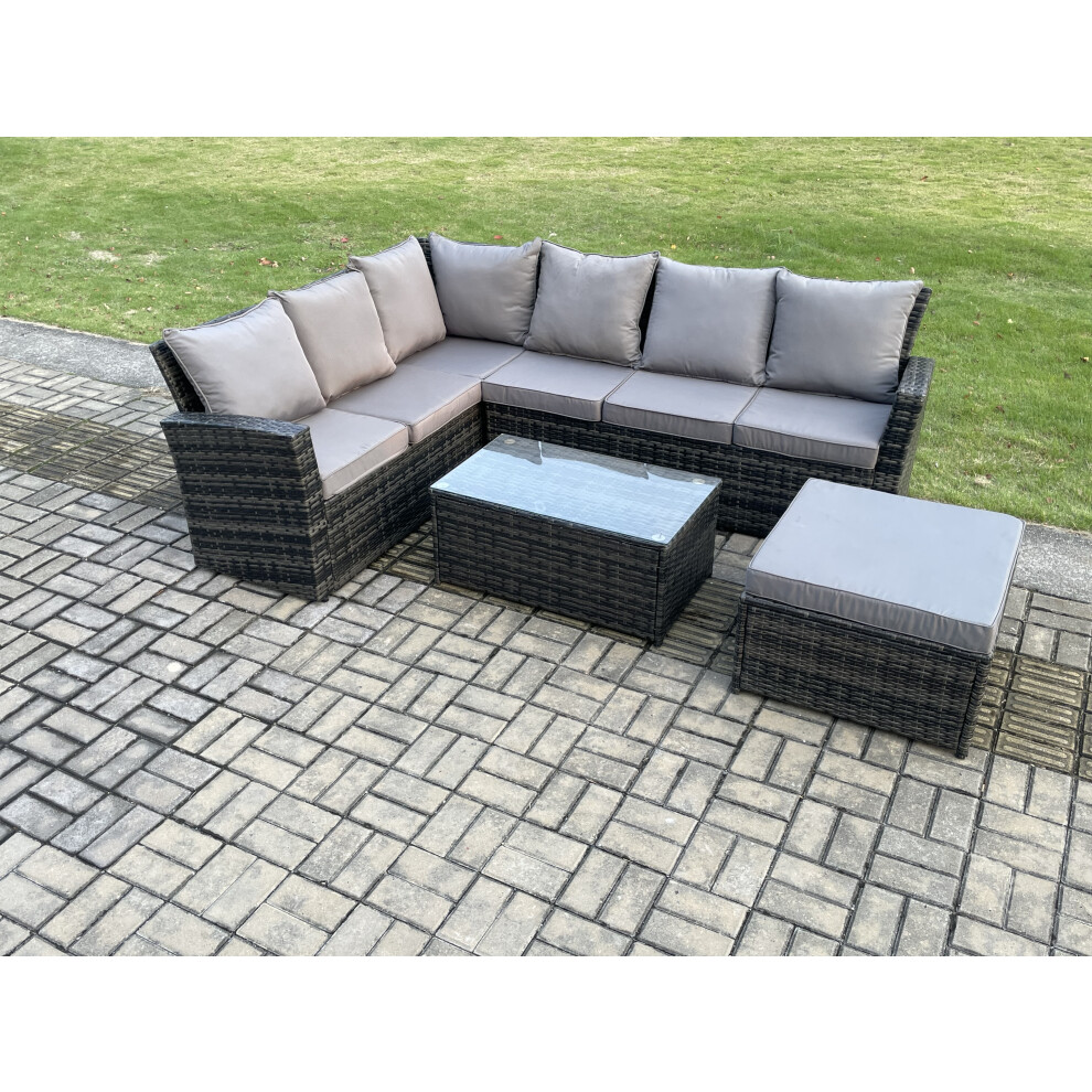 Rackhams Dark/Grey 7 Seater Outdoor Furniture Garden Dining Set Rattan Corner Sofa Set With Rectangular Coffee Table Big Footstool Mixed - Image 2