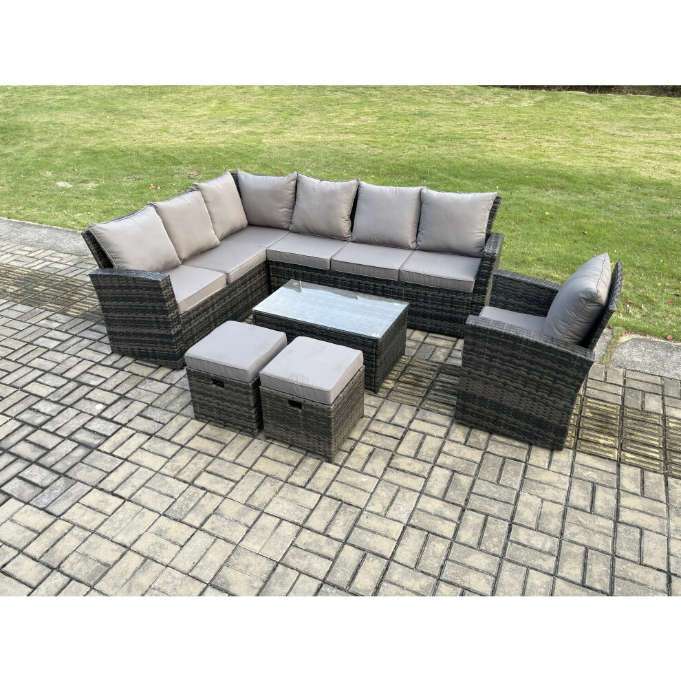 B&Q - 9 Seater Outdoor Furniture Garden Dining Set Rattan Corner Sofa Set With Rectangular Coffee Table 2 Small Footstools - Image 2