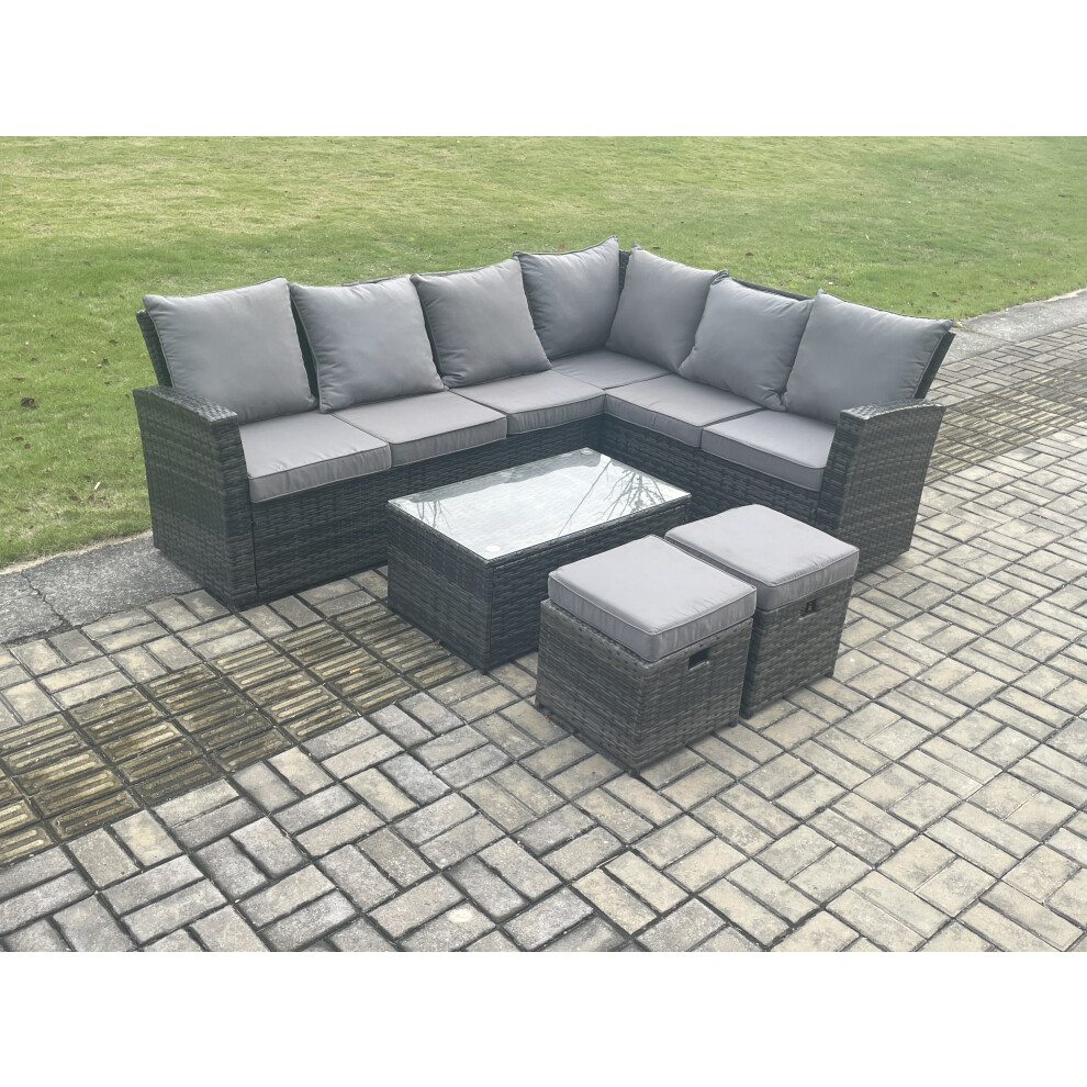 Fimous Unisex Dark Grey Wicker Pe Outdoor Garden Furniture Set High Back Rattan Corner Sofa Set With Rectangular Coffee Table 2 Footstools In Small - Image 3