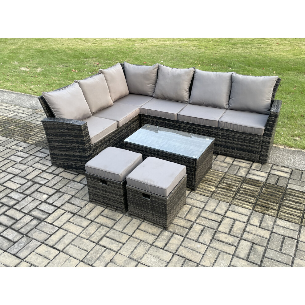 Fimous 8 Seater Outdoor Furniture Garden Dining Set Rattan Corner Sofa Set With Rectangular Coffee Table 2 Small Footstools Dark Grey Mixed Brown,Grey