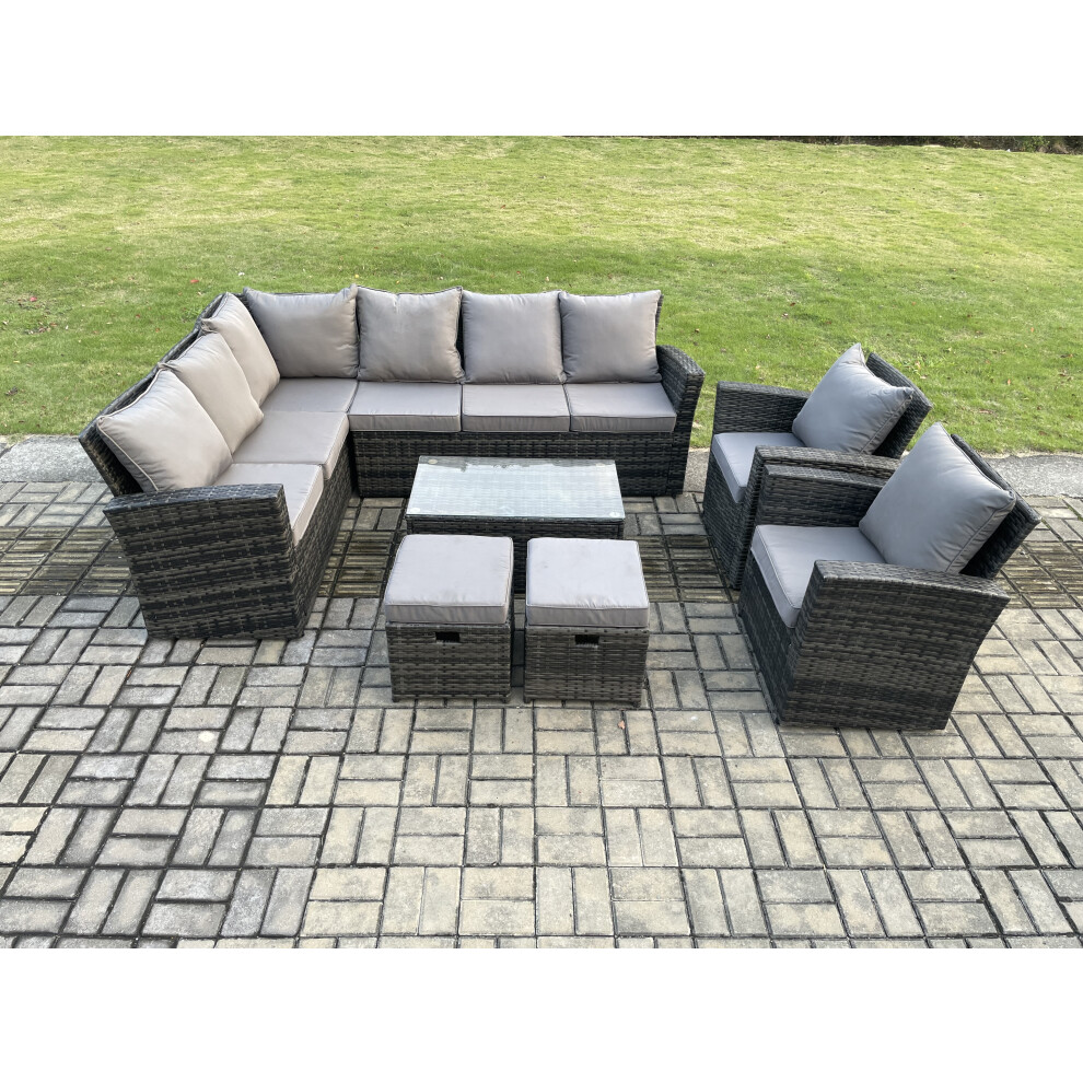 Fimous Dark/Grey 10-Seater Rattan High Back Corner Sofa Set | Rectangular Coffee Table, 2 Armchairs, 2 Footstools - Image 2