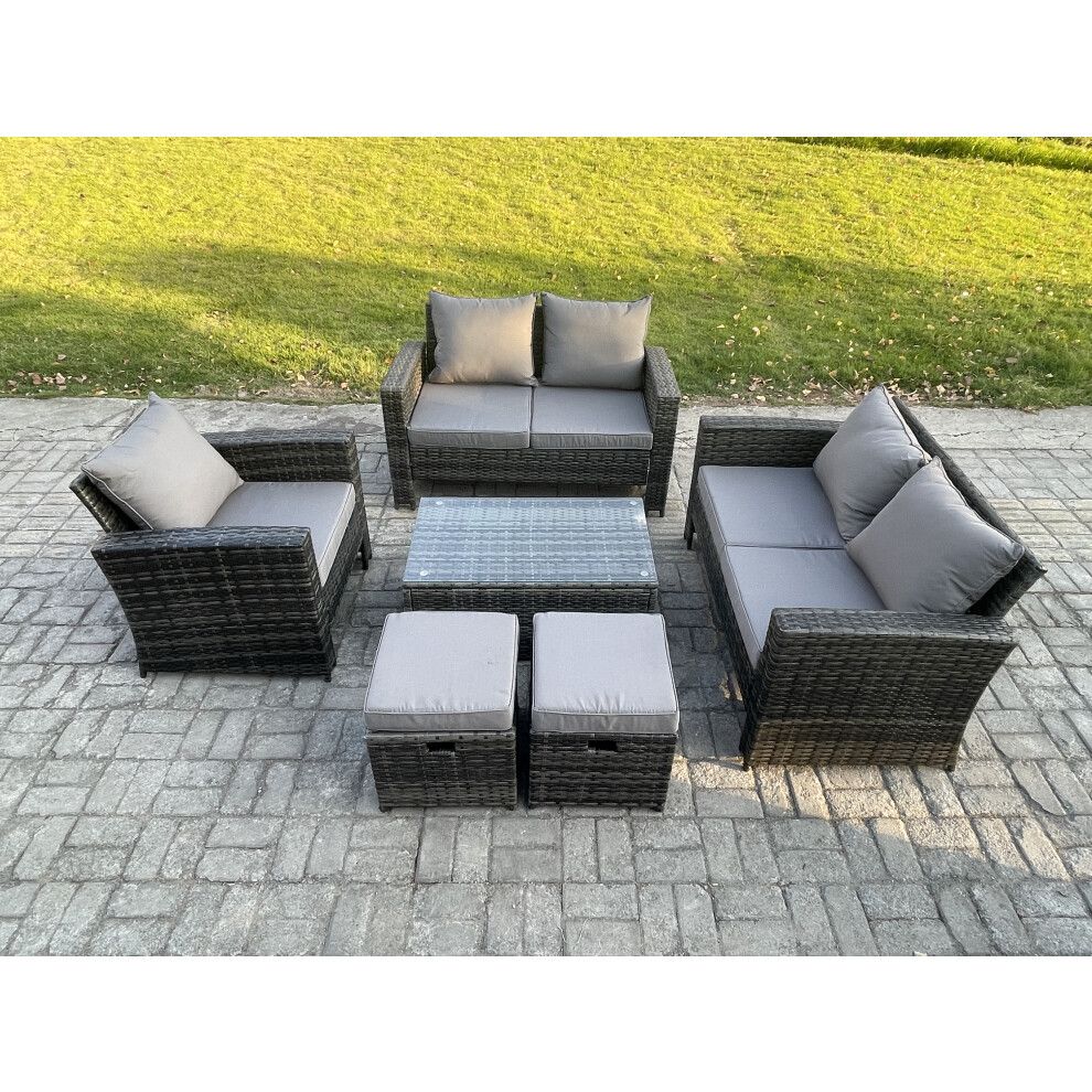 Rackhams Dark/Grey Rattan Garden Furniture Set 7 Seater Patio Outdoor Lounge Sofa Chair Set With Rectangular Coffee Table 2 Small Footstools Mixed - Image 2