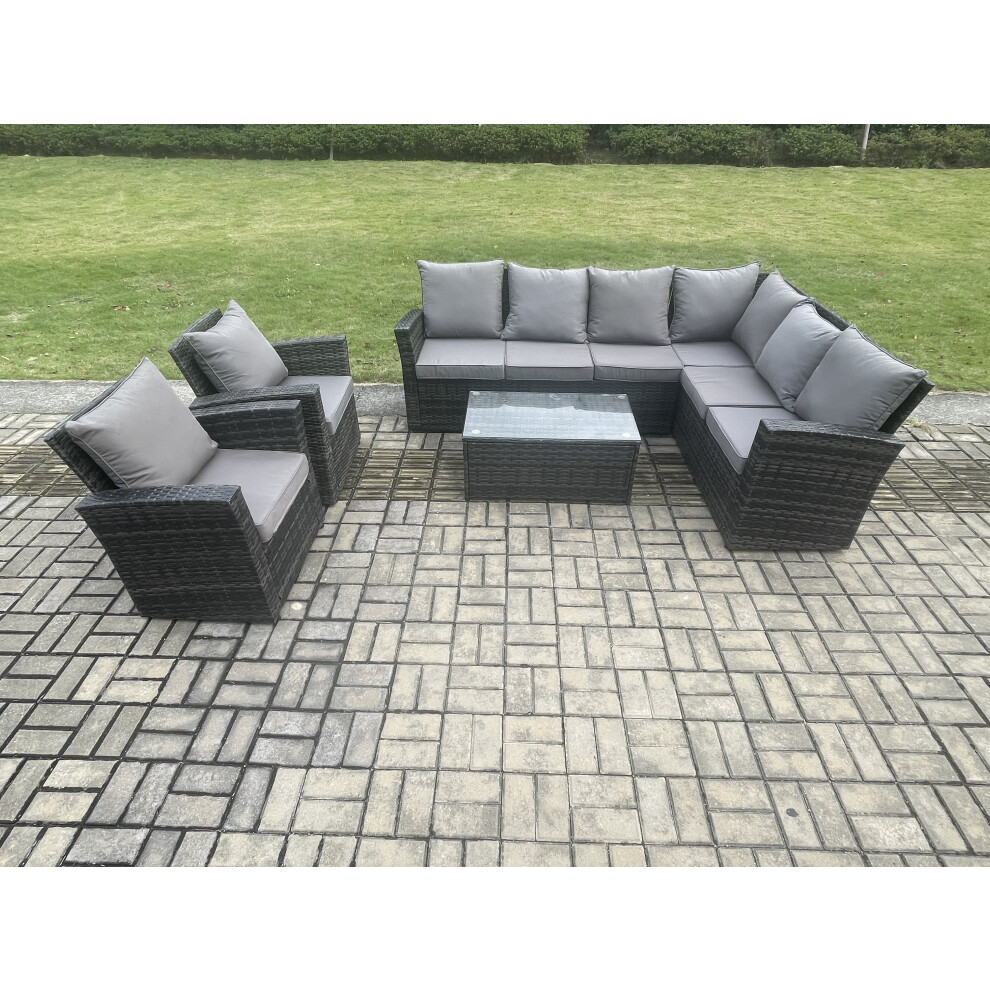 Rackhams Dark/Grey 8 Seater High Back Outdoor Garden Furniture Set Rattan Corner Sofa Set With Rectangular Coffee Table 2 Armchairs Mixed - Image 2