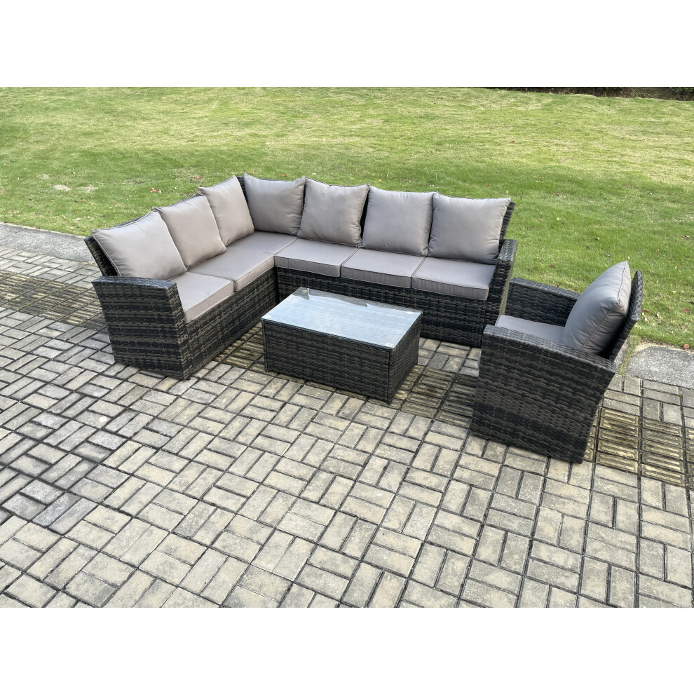 Rackhams Dark/Grey 7 Seater Rattan Garden Furniture Corner Sofa Set Outdoor Patio Sofa Chair Table Set With Rectangular Coffee Table Mixed - Image 2