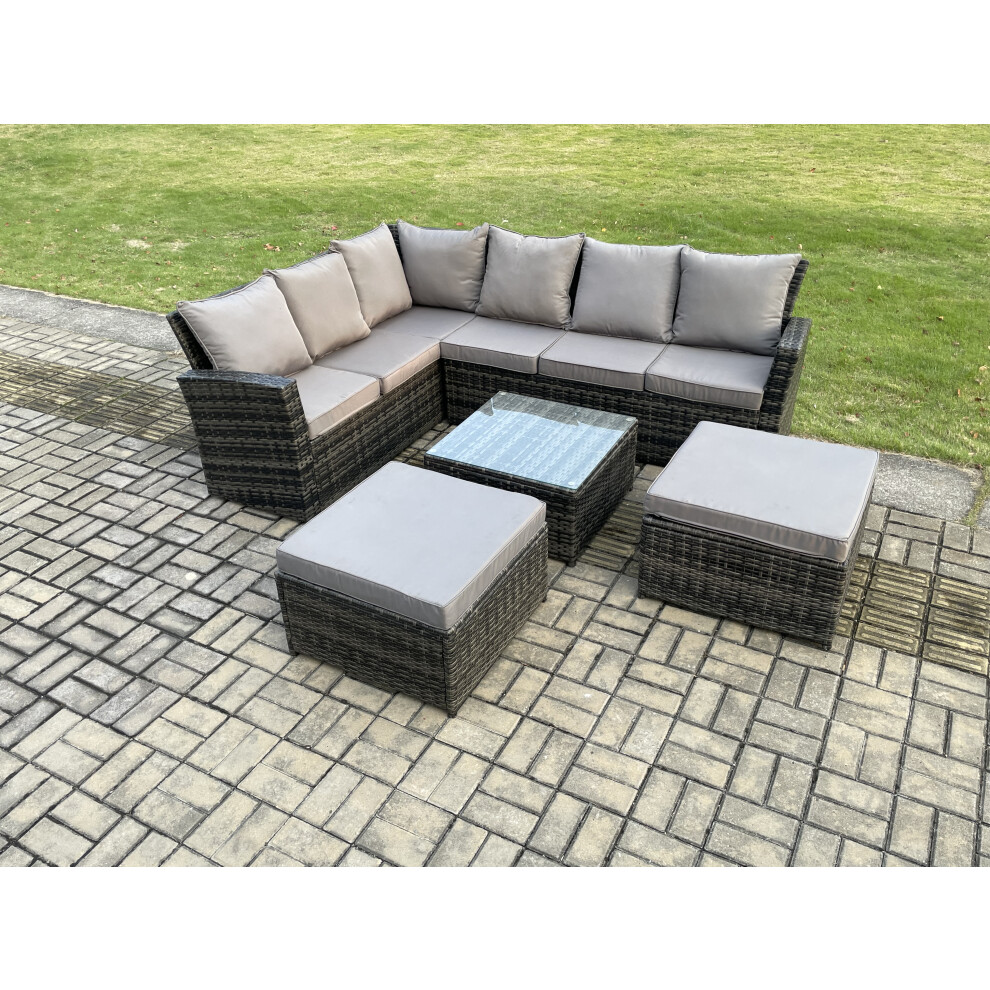 Fimous Unisex Dark Grey Rattan Garden Furniture Set Outdoor Lounge Corner Sofa Set With Square Coffee Table Big Footstool 8 Seater In Size 2 - Image 2