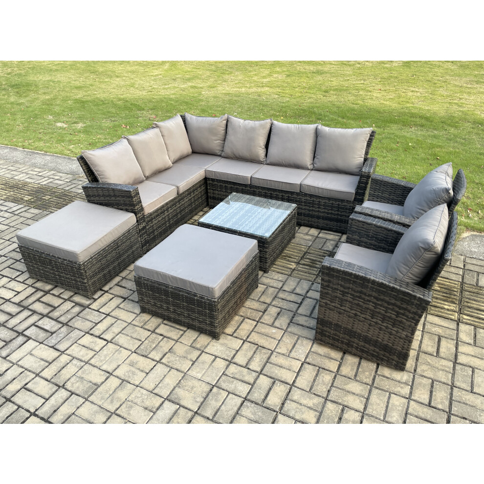 Fimous Unisex Dark Grey Seat Rattan Garden Furniture Corner Sofa Set Outdoor Patio Sofa Table Set With 2 Big Footstool Mixed Size 10 - Image 2