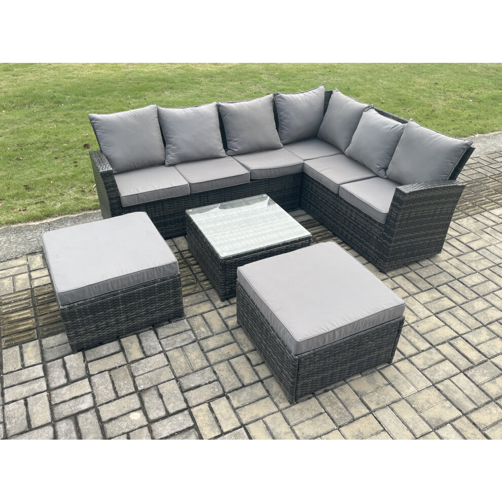 Fimous Dark/Grey 8 Seater Wicker Pe Outdoor Garden Furniture Set High Back Rattan Corner Sofa Set With 2 Big Footstool Square Coffee Table - Image 2