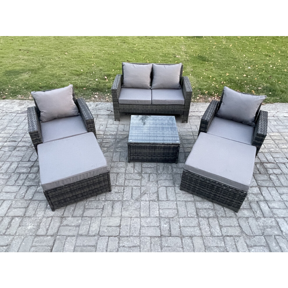 Rackhams Dark/Grey 6 Seater Rattan Outdoor Garden Furniture Sofa Set Table & Chairs With 2 Big Footstool Mixed - Image 2