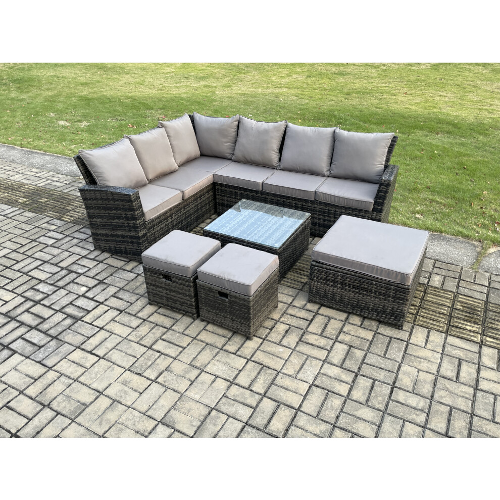 B&Q - Rattan Garden Furniture Set Outdoor Lounge Corner Sofa Set With Square Coffee Table 3 Footstools 9 Seater Dark Grey Mixed - Image 2