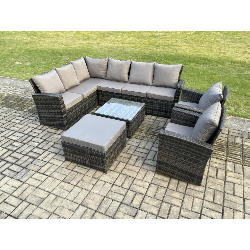 Fimous Rattan Garden Furniture Set Outdoor Lounge Corner Sofa Set With Square Coffee Table Big Footstool 2 Armchairs 9 Seater Dark Grey Mixed-image-OPC-PDPF2JG-NEW