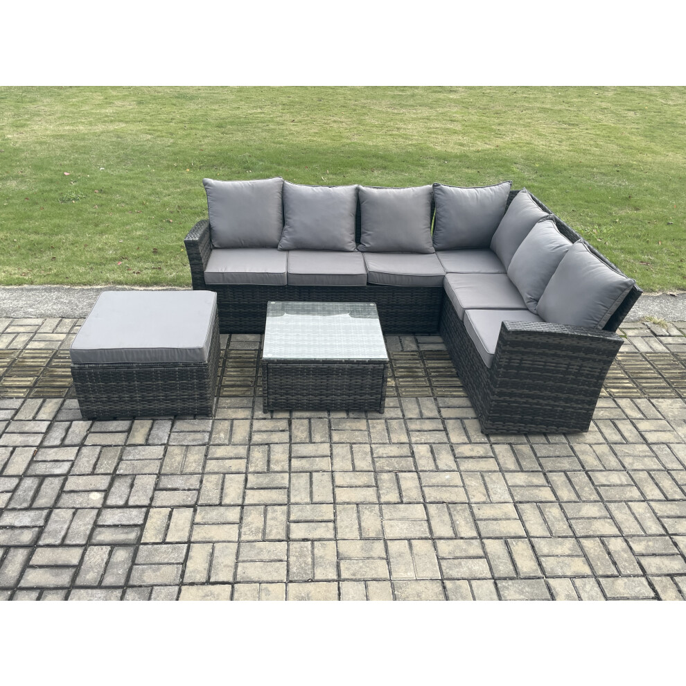 Rackhams Dark/Grey Rattan Garden Furniture Set Outdoor Lounge Corner Sofa Set With Square Coffee Table Big Footstool 7 Seater Mixed - Image 2
