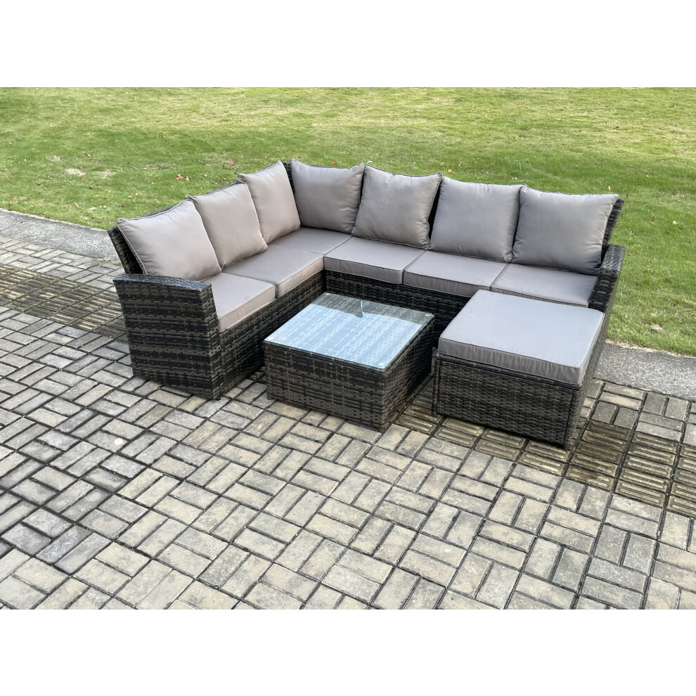 Fimous Rattan Garden Furniture Set Outdoor Lounge Corner Sofa Set With Square Coffee Table Big Footstool 7 Seater Dark Grey Mixed
