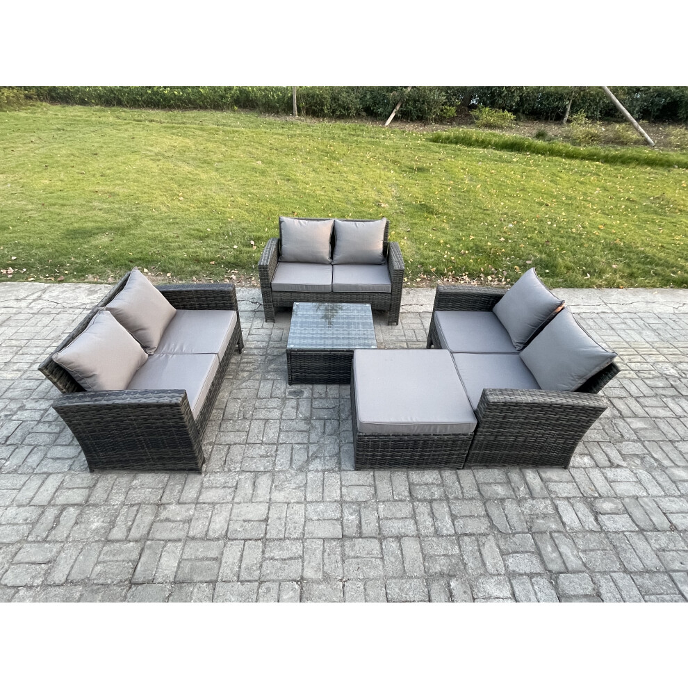 Fimous 7 Seater Rattan Wicker Garden Furniture Patio Conservatory Sofa Set With Square Coffee Table Double Seat Sofa Big Footstool