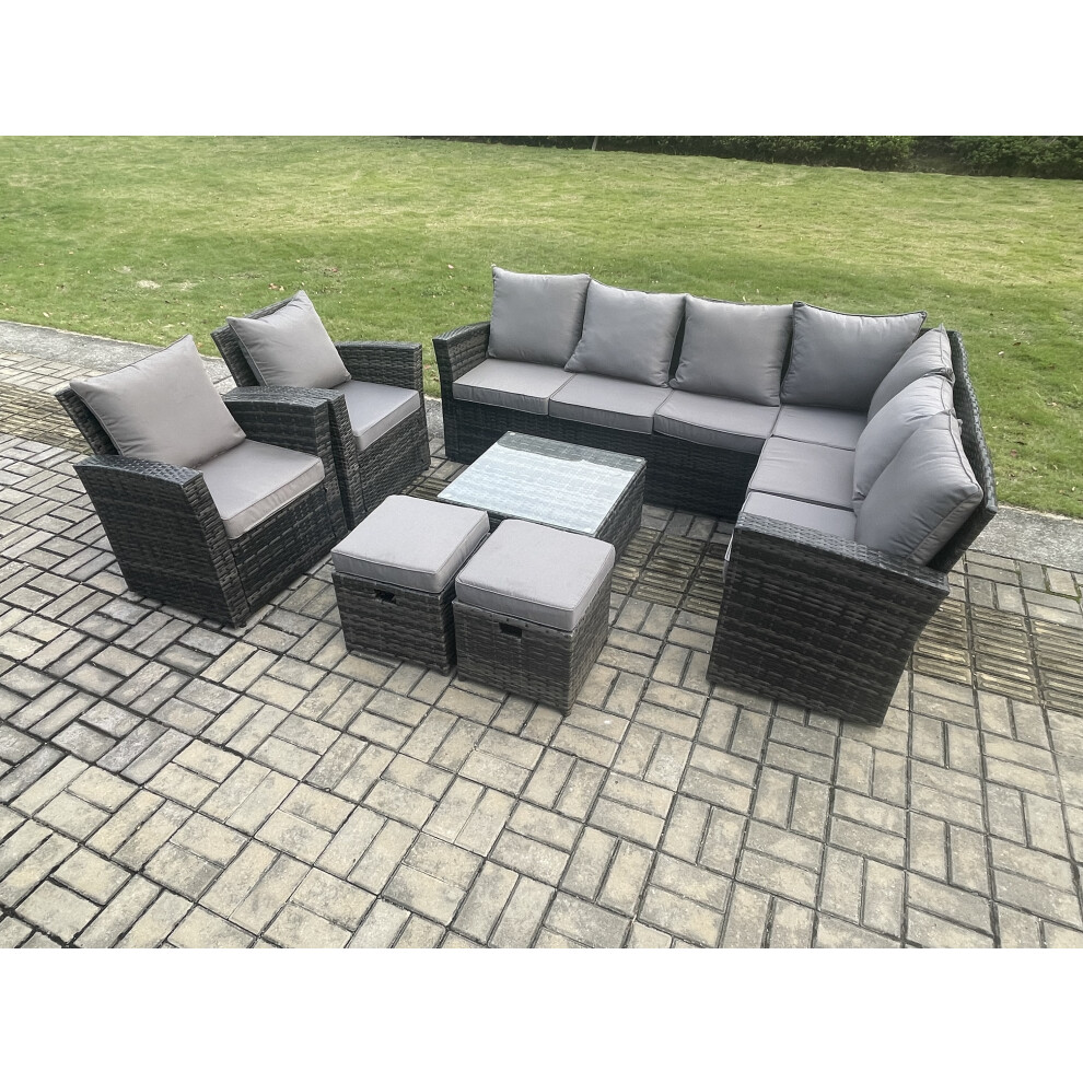 Fimous 10 Seat Rattan Garden Furniture Corner Sofa Set Outdoor Patio Sofa Table Set With 2 Small Footstools 2 Armchairs Dark Grey Mixed