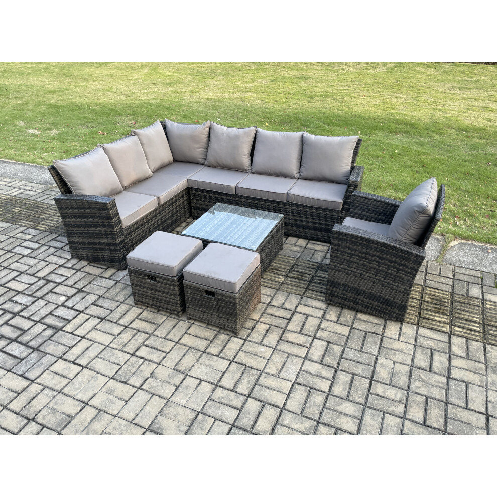 Fimous 9 Seater Outdoor Furniture Garden Dining Set Rattan Corner Sofa Set with Square Coffee Table 2 Small Footstools Dark Grey Mixed
