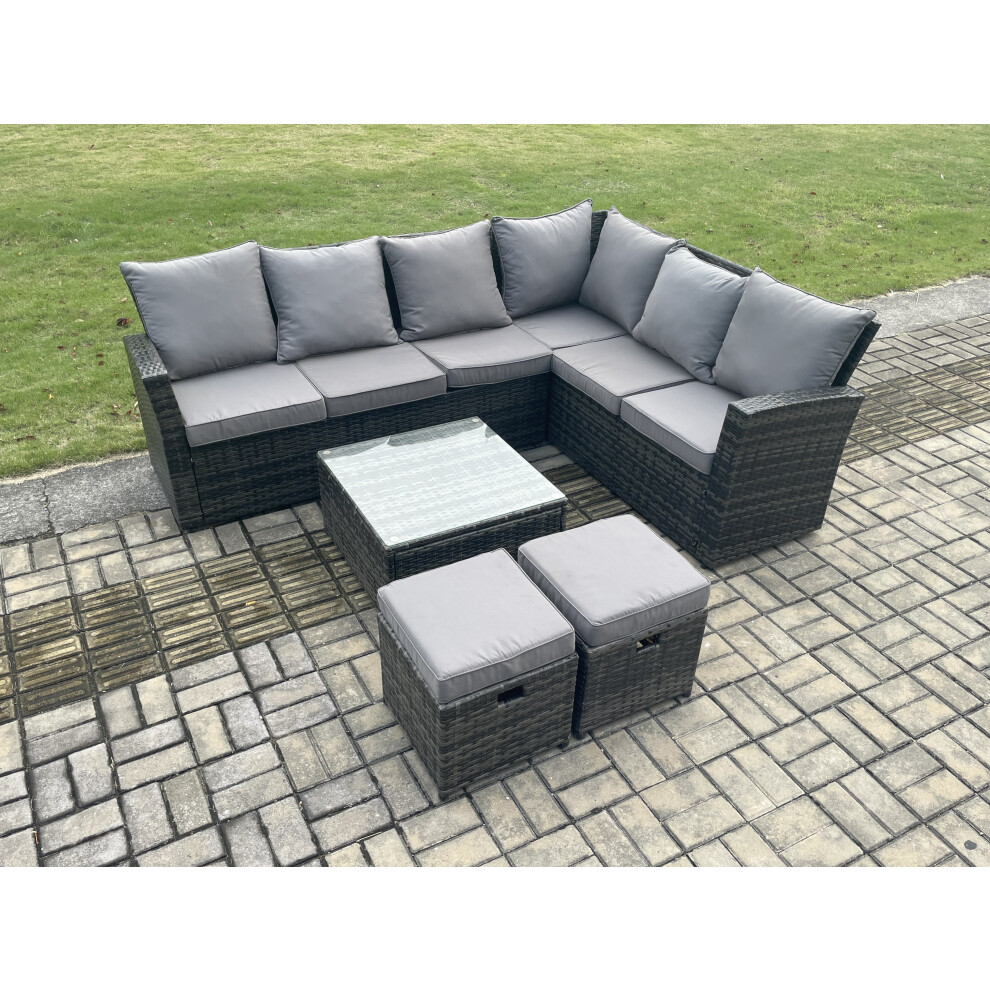 Fimous Dark/Grey Rattan Garden Furniture Set Outdoor Lounge Corner Sofa Set With Square Coffee Table 2 Small Footstools 8 Seater Mixed - Image 2