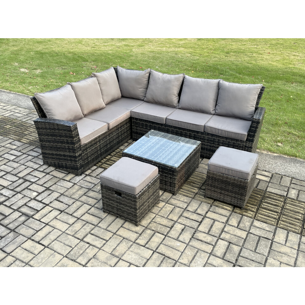 Fimous 8 Seater Outdoor Furniture Garden Dining Set Rattan Corner Sofa Set with Square Coffee Table 2 Small Footstools Dark Grey Mixed