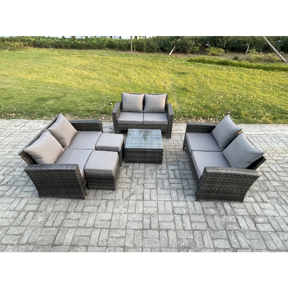 Fimous Dark/Grey Outdoor Lounge Sofa Set Wicker Pe Rattan Garden Furniture Set With Square Coffee Table Double Seat Sofa 2 Small Footstools Mixed - Image 2