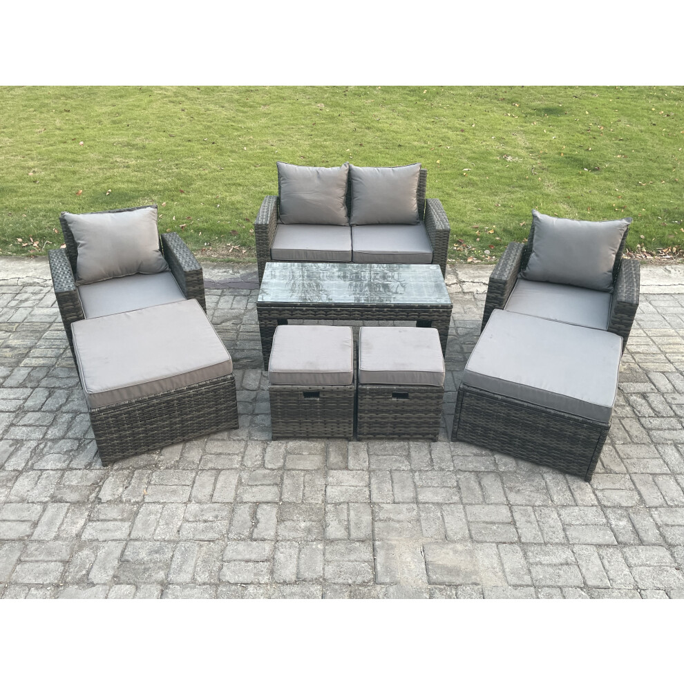 Fimous High Back Rattan Garden Furniture Sofa Sets With Rectangular Coffee Table Armchair 2 Big Footstool 2 Small Footstools Dark Grey Mixed