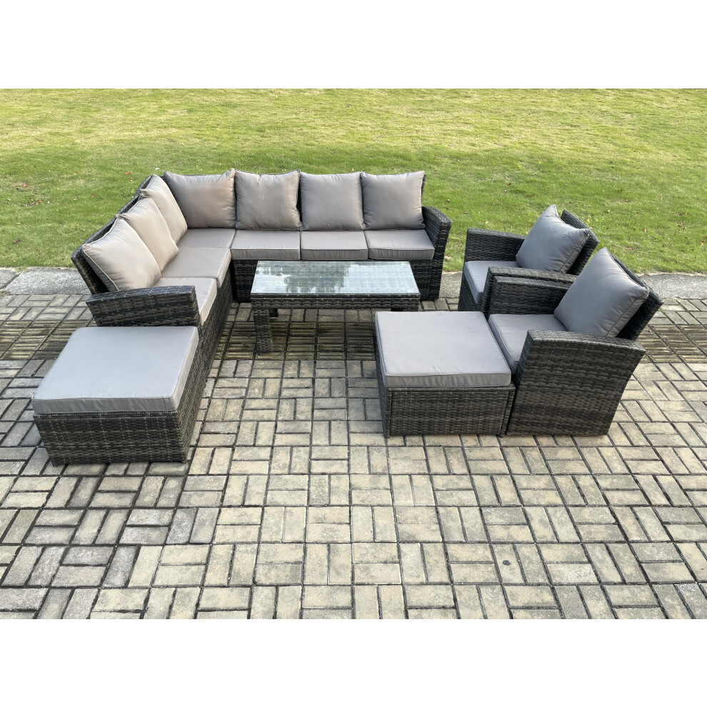 Fimous Outdoor Furniture Garden Dining Set Rattan Corner Sofa Set With 2 Armchairs 2 Big Footstool Dark Mixed Grey
