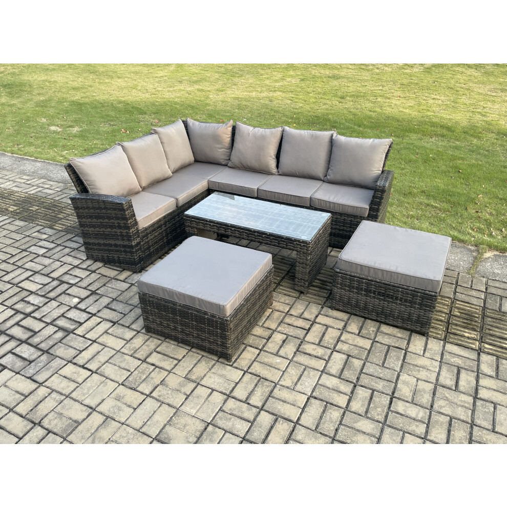 Outdoor Furniture Garden Dining Set Rattan Corner Sofa Set with 2 Big Footstool Dark Grey Mixed