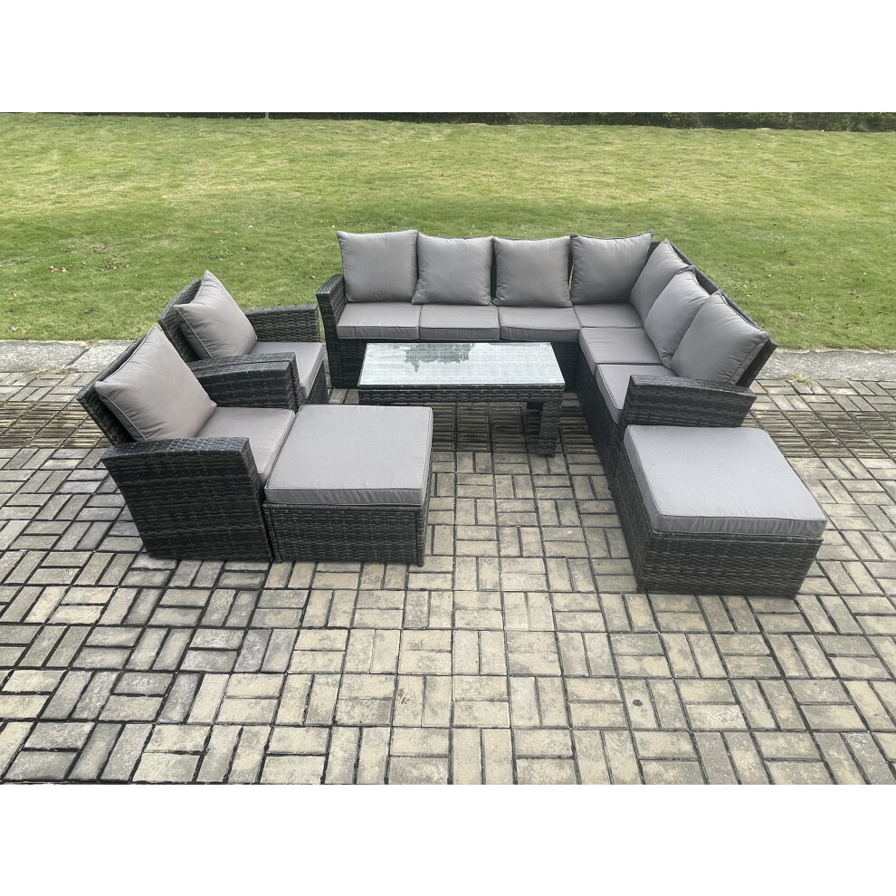 Rackhams Dark/Grey Rattan Corner Sofa Garden Furniture Set With 2 Big Footstool Rectangular Coffee Table 2 Armchairs With Cushion Mixed - Image 2
