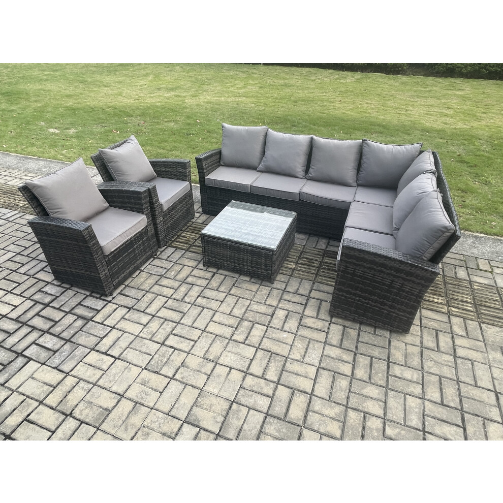 Rackhams Dark/Grey Rattan Garden Furniture Set Outdoor Lounge Corner Sofa Set With Square Coffee Table 2 Chairs 8 Seater Mixed - Image 2