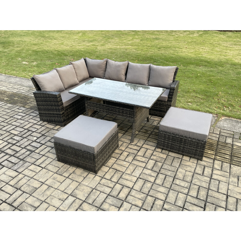 Fimous 8 Seater High Back Rattan Garden Furniture Set Corner Sofa With Rectangular Dining Table 2 Big Footstool Dark Grey Mixed