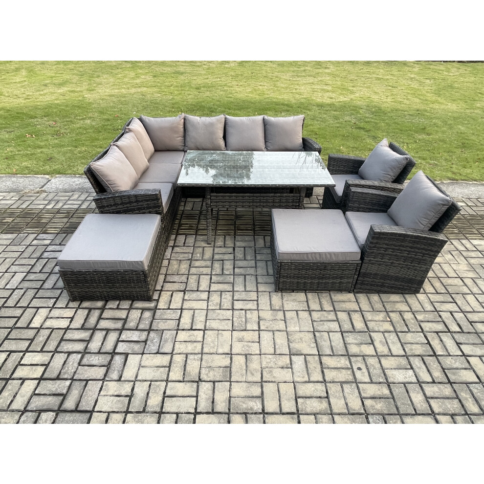 Fimous 10 Seater High Back Rattan Garden Furniture Set Corner Sofa With Rectangular Dining Table 2 Arm Chairs 2 Big Footstool