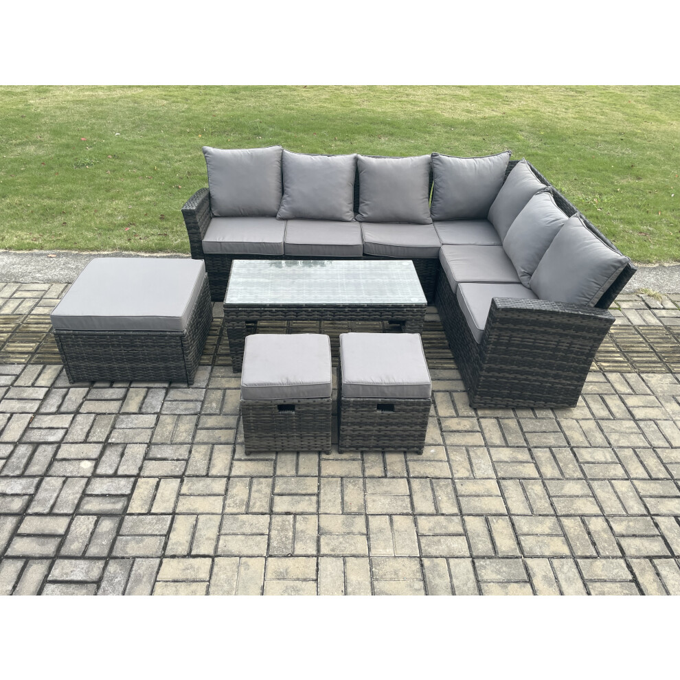 B&Q - Rattan Corner Sofa Garden Furniture Set With 3 Footstools Rectangular Coffee Table With Cushion Dark Grey Mixed - Image 2