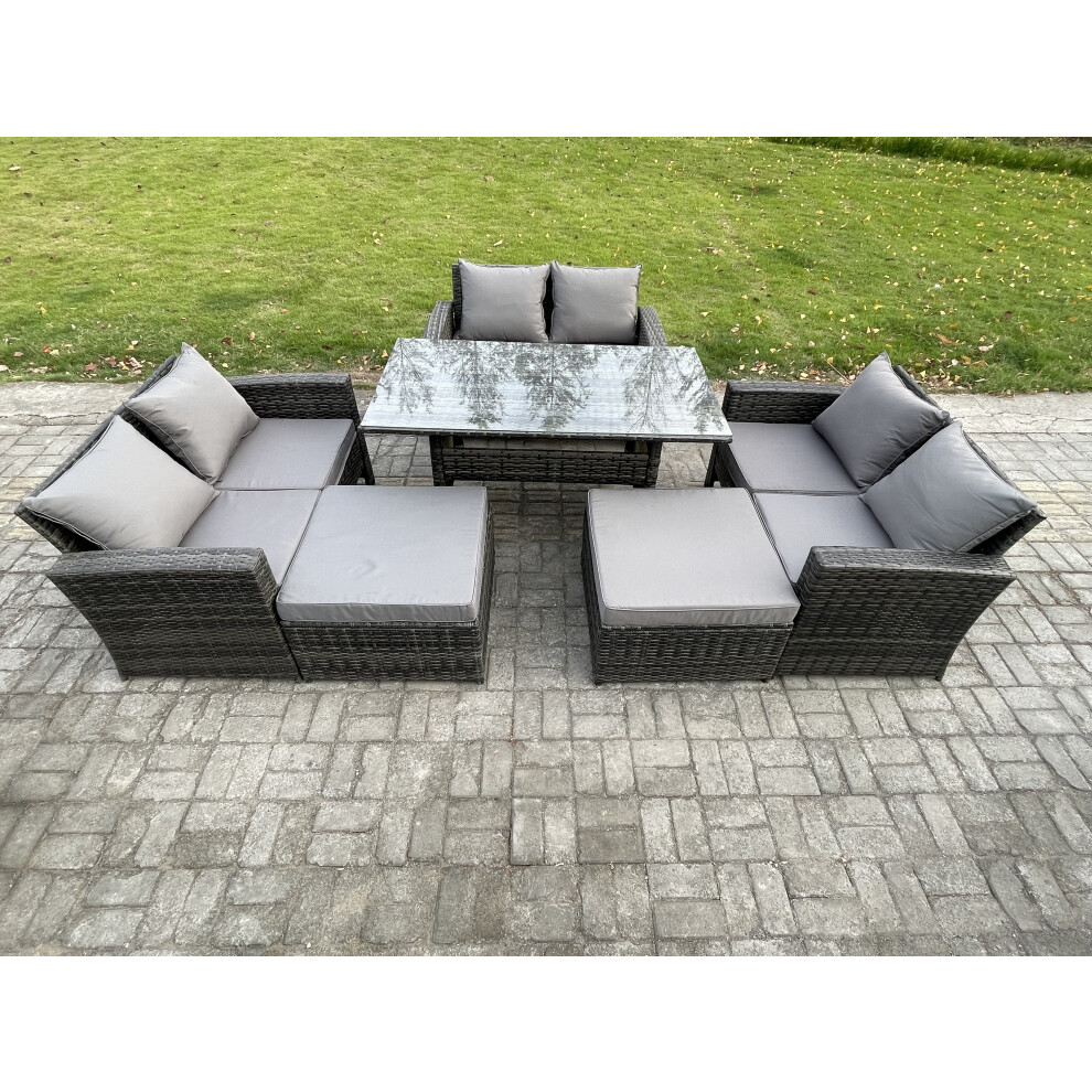Fimous Unisex Dark Grey High Back Outdoor Garden Furniture Rattan Sofa Dining Table Set With Big Footstool Mixed Size 2 - Image 2