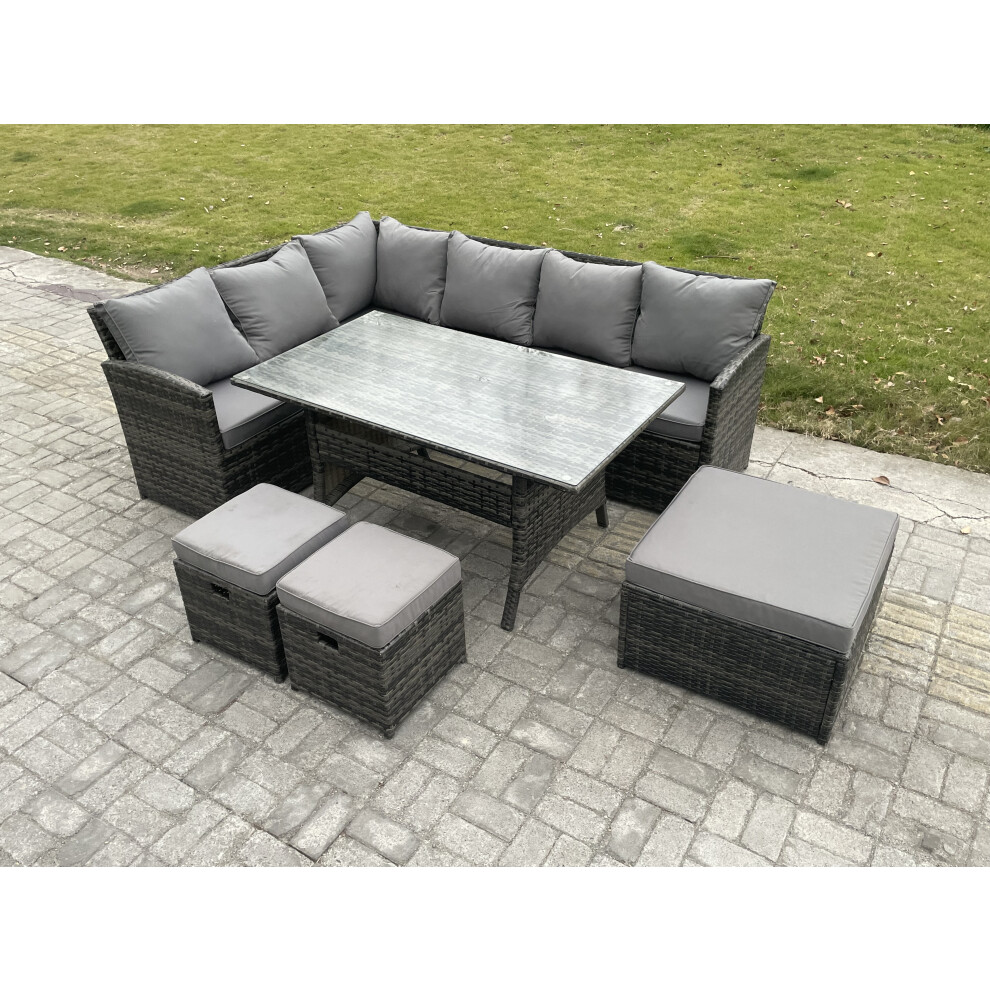 Fimous Unisex Dark Grey Seater Outdoor Rattan Garden Furniture Set With Rectangular Dining Table 3 Footstools Patio Wicker Corner Sofa Set In Size 9 - Image 2