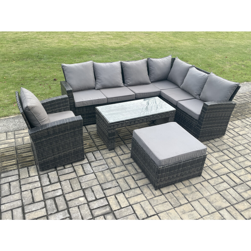 Rackhams Dark/Grey Rattan Corner Sofa Garden Furniture Set With Big Footstool Rectangular Coffee Table Armchair With Cushion Mixed - Image 2