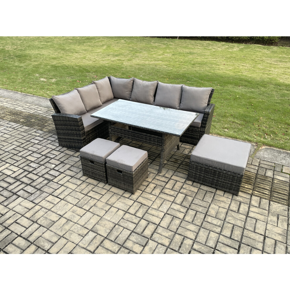 Rackhams Dark/Grey 9 Seater Garden Rattan Furniture Corner Dining Set With 3 Footstools Indoor Outdoor Lounge Sofa Set Mixed - Image 2